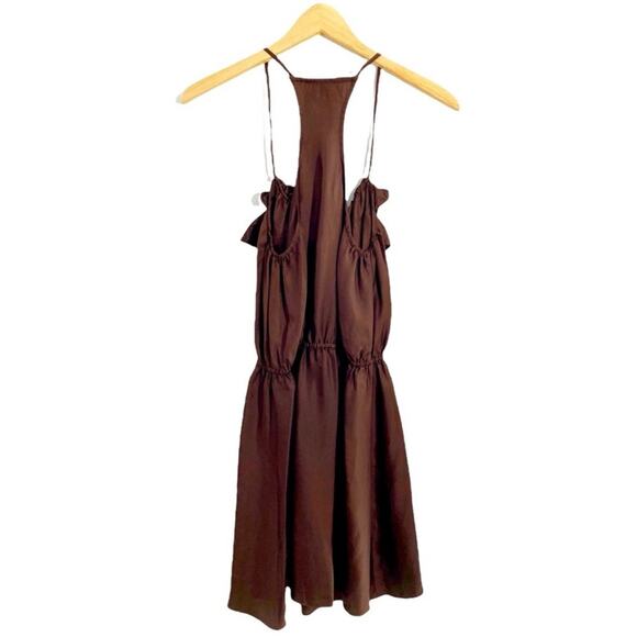 WM New York Design Brown Silk Ruffle Front Dress, Size Petite Small - Picture 2 of 13
